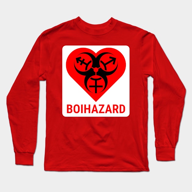 "BOI HAZARD" Heart - Label Style - Red Long Sleeve T-Shirt by GenderConcepts